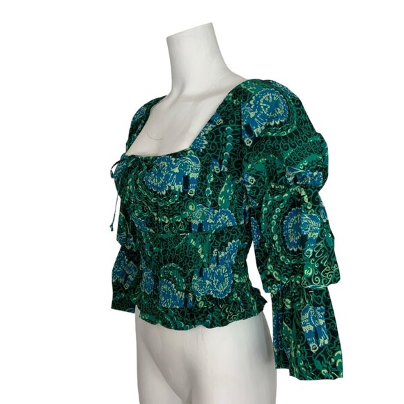 Anthropologie Porridge Tiered Poplin Blouse Top XS Green Cropped - Picture 3 of 13